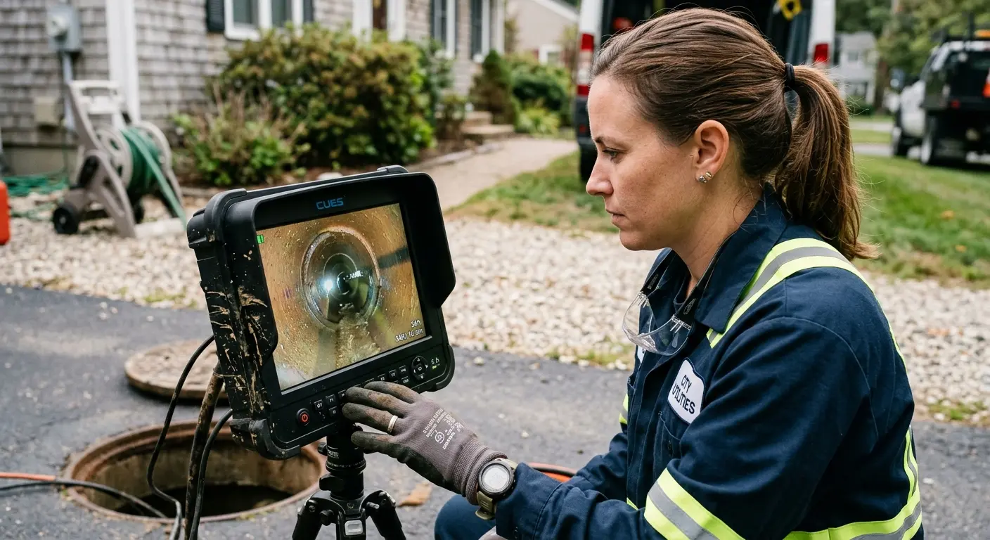 Technician reviewing sewer camera inspection footage in Bettendorf