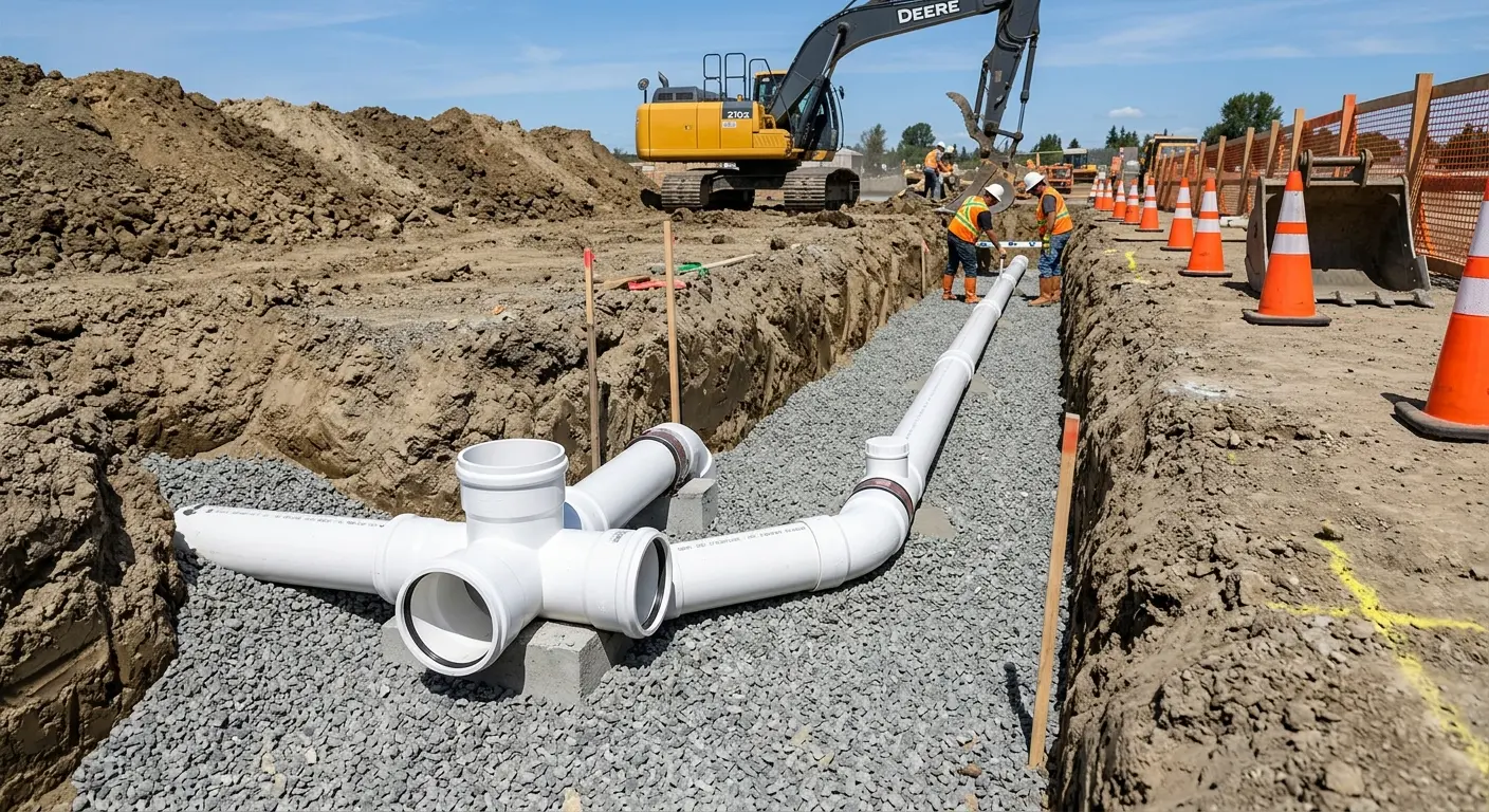 New PVC sewer pipe installation in open trench for Sewer Backup in Bettendorf